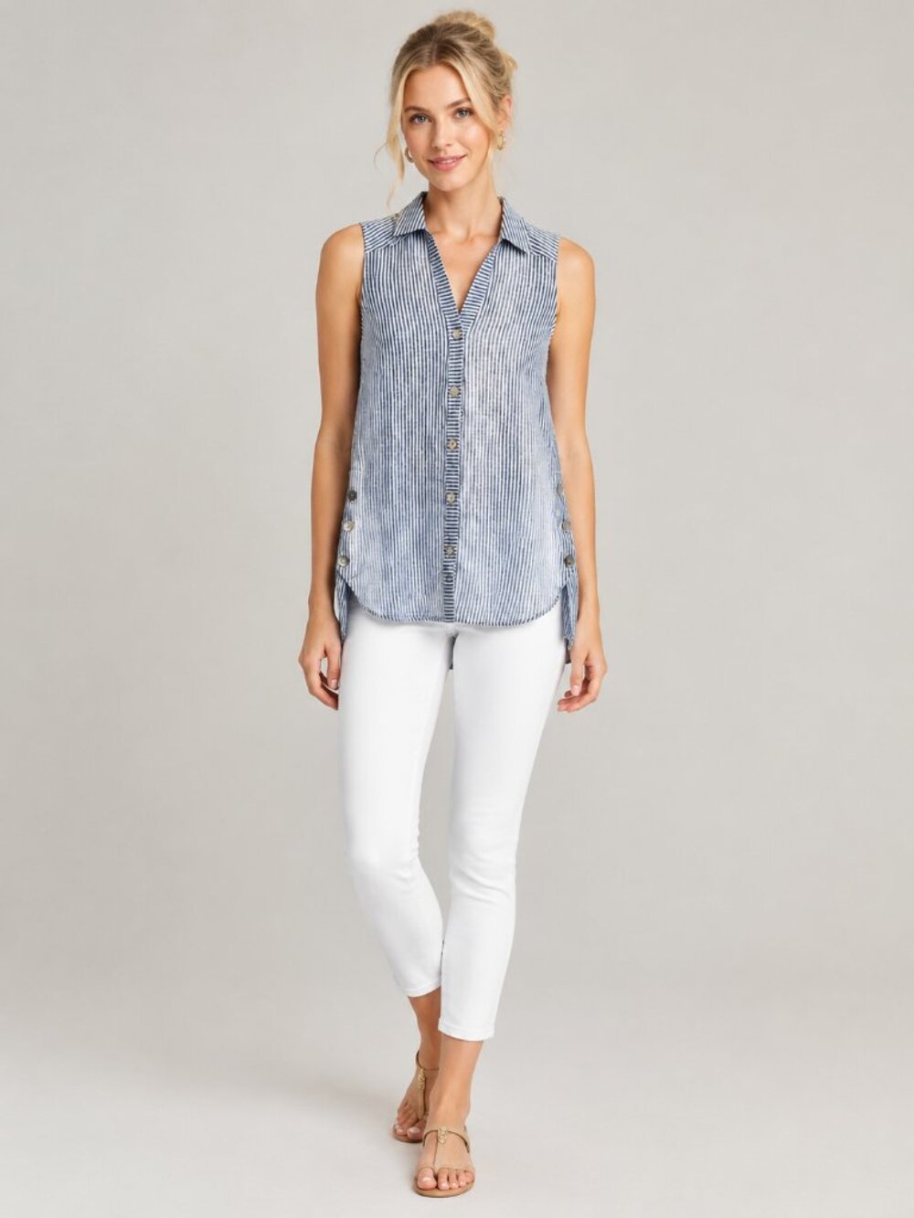 J. Jill Petite Striped Linen High Low Sleeveless Button Blouse Blue Small #A4737